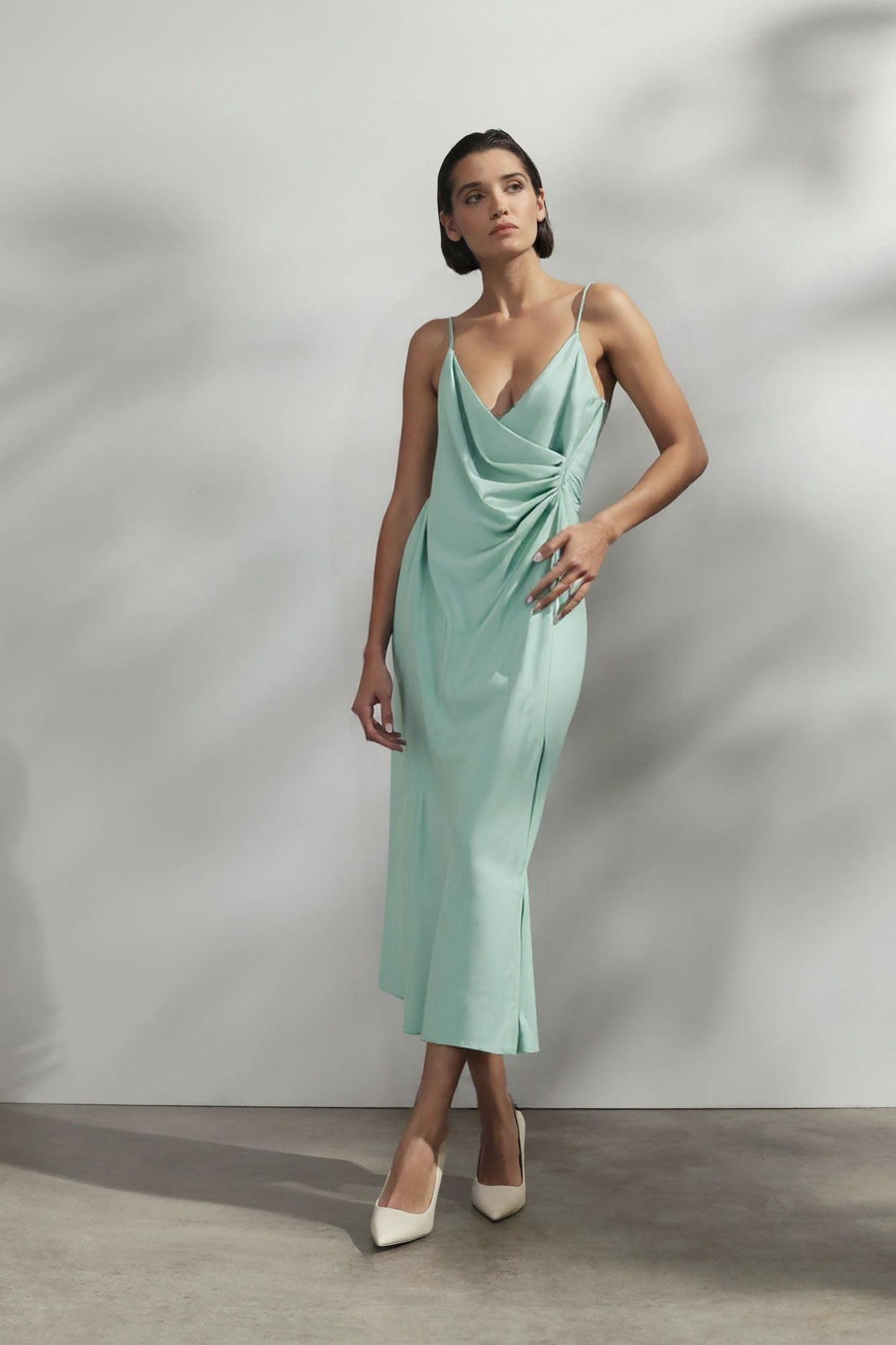 ABITO MIDI DRAPPEGGIATO EFFETTO SATIN ACQUA IMPERIAL