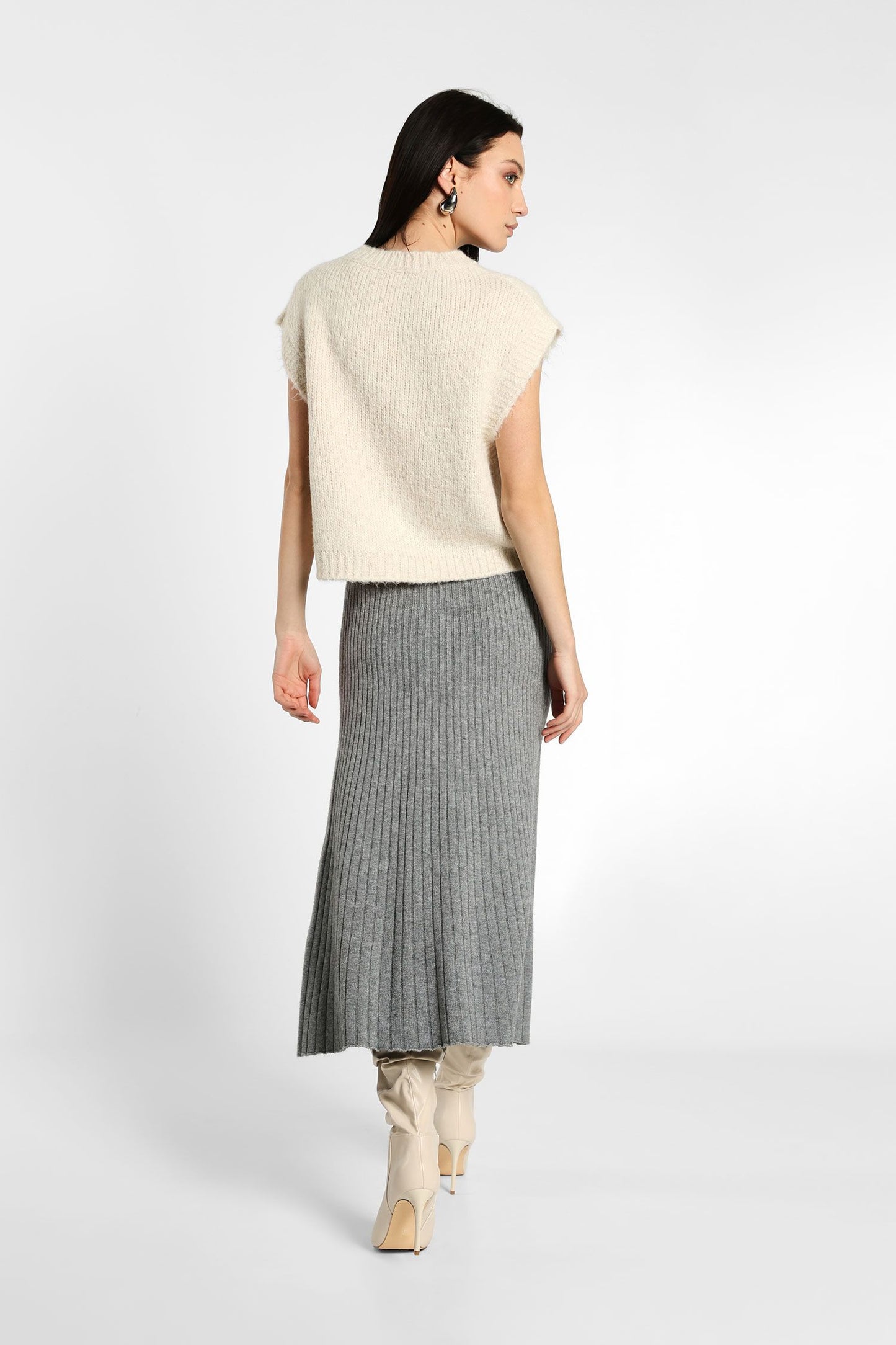 Gonna midi monocolour a coste con vita alta IMPERIAL