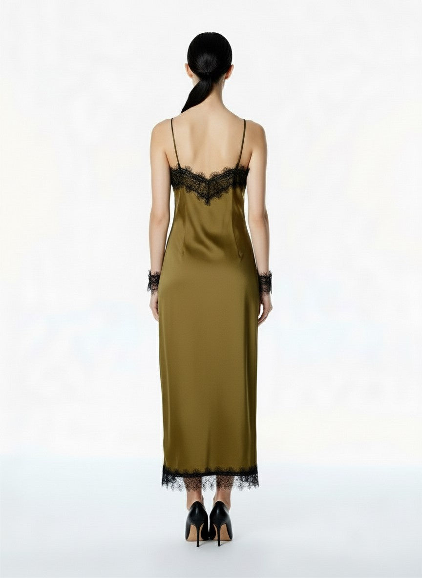 ABITO IN SATIN E PIZZO FW250040 OLIO TENSIONE IN.