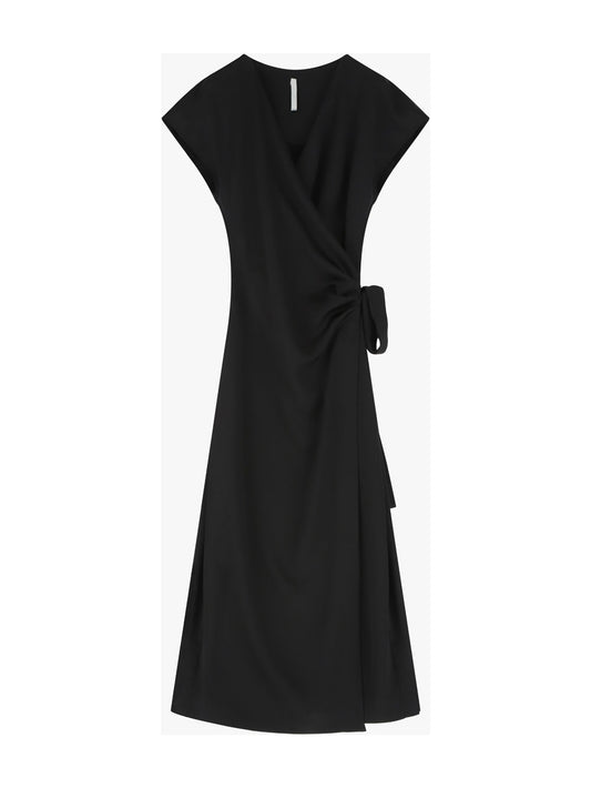 VESTITO MIDI FLUIDO A PORTAFOGLIO CON MANICHE CORTE EBANO IMPERIAL.