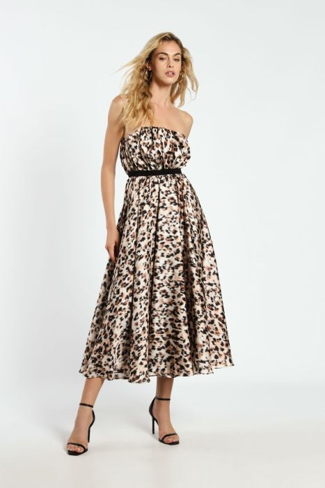 Abito midi fantasia animalier con fascia in vita IMPERIAL