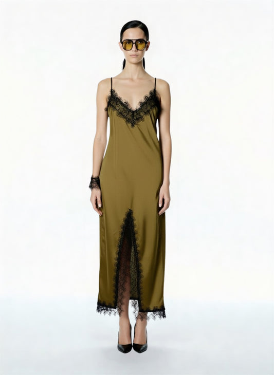 ABITO IN SATIN E PIZZO FW250040 OLIO TENSIONE IN.