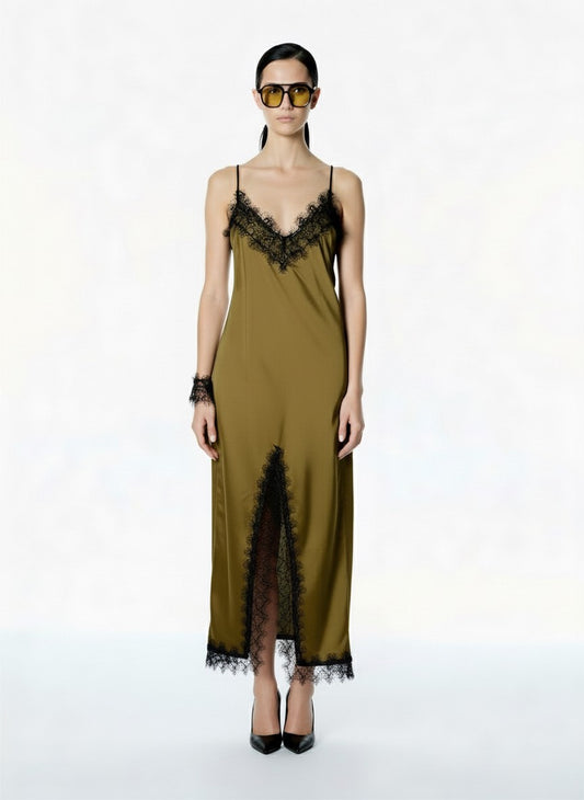 ABITO IN SATIN E PIZZO FW250040 OLIO TENSIONE IN.