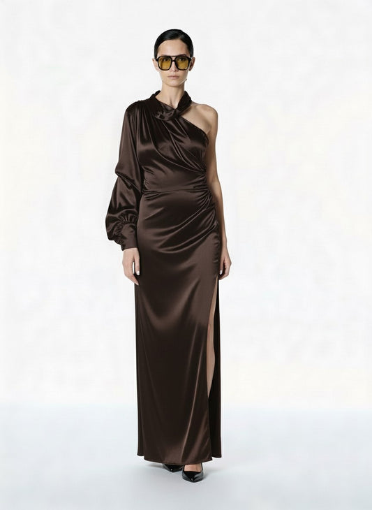 ABITO LUNGO IN SATIN W25A220 MARRONE TENSIONE IN.