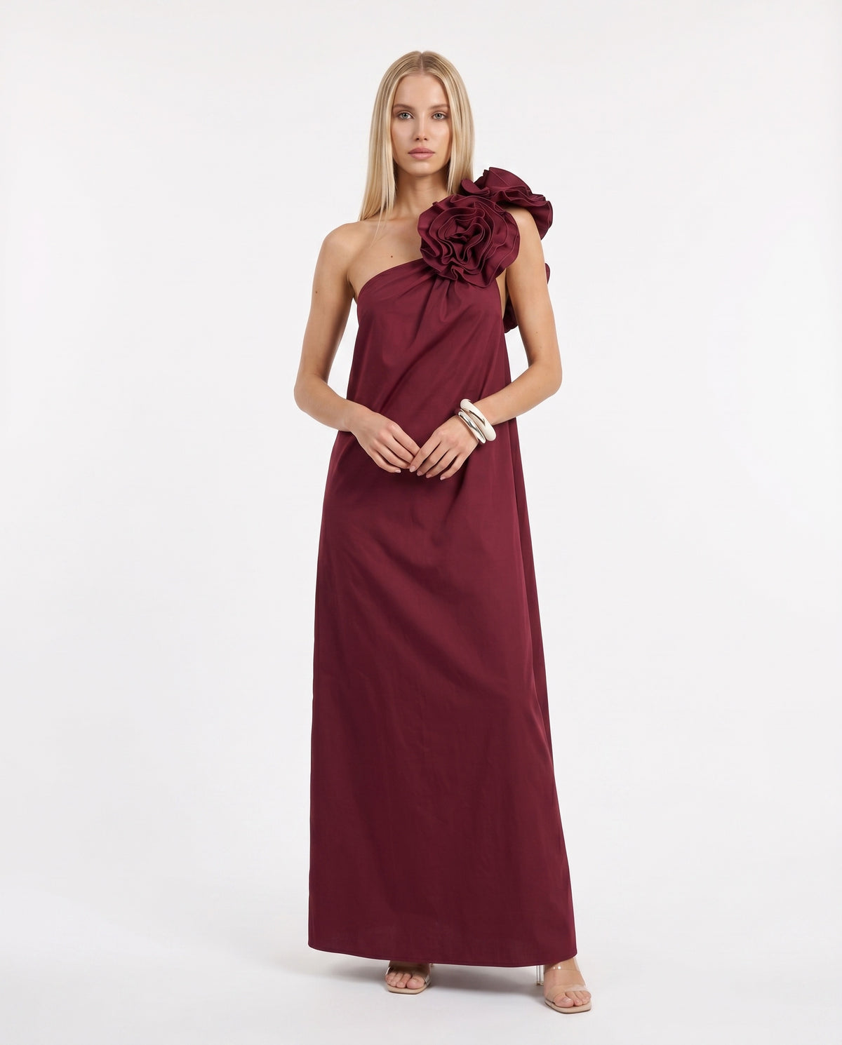 ABITO LUNGO CON FIORE AGANLTP BORDEAUX IMPERIAL.