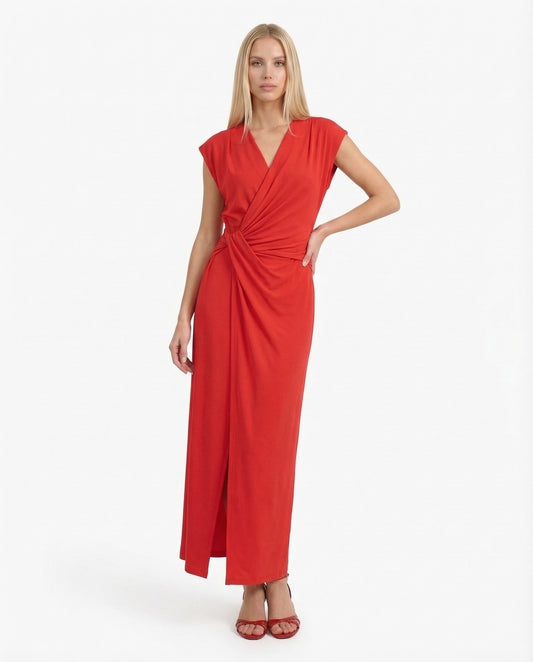 ABITO LUNGO DRAPPEGGIATO SCOLLO A V SENZA MANICHE AFZCLJQ ROSSO IMPERIAL.