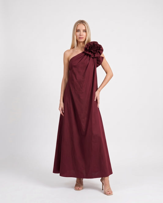 ABITO LUNGO CON FIORE AGANLTP BORDEAUX IMPERIAL.