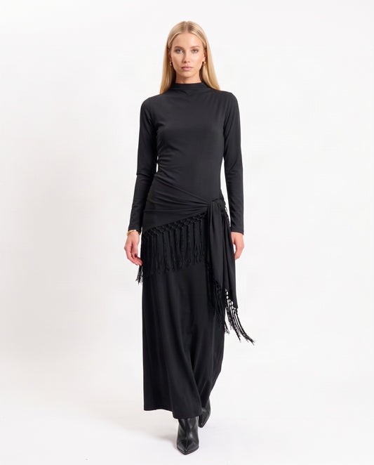 ABITO LUNGO PAREO FRANGE 40747 NERO TENSIONE IN.