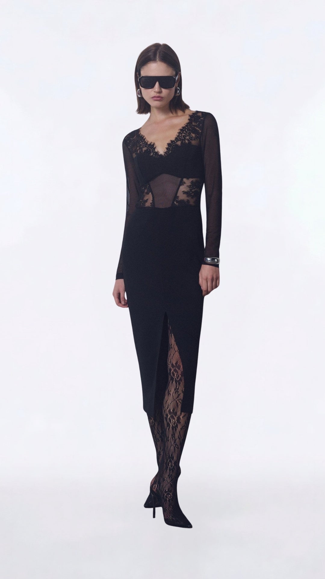 ABITO MIDI CON MANICHE VELATE E PIZZO AFTRKKP NERO IMPERIAL.