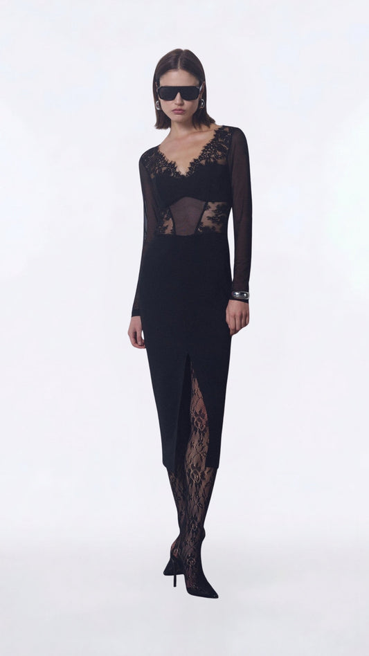 ABITO MIDI CON MANICHE VELATE E PIZZO AFTRKKP NERO IMPERIAL.