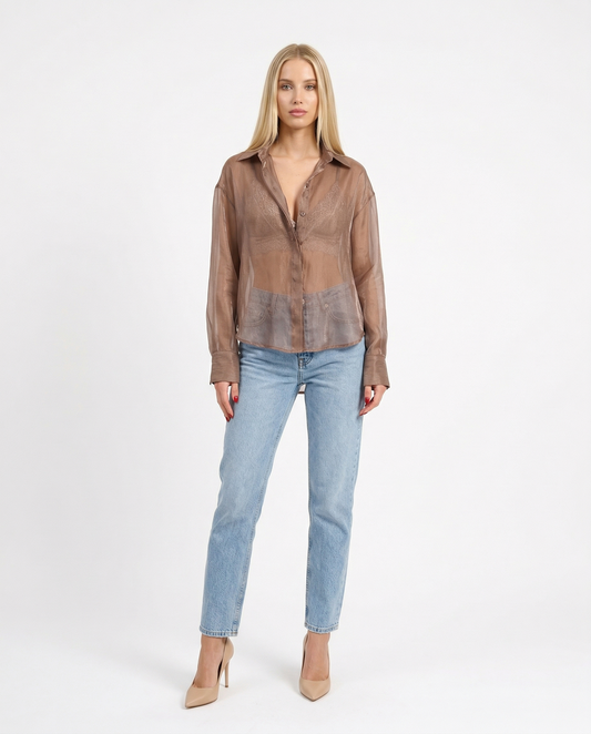 CAMICIA IN ORGANZA CON TOP IN PIZZO  PE260110 BRONZO TENSIONE IN.