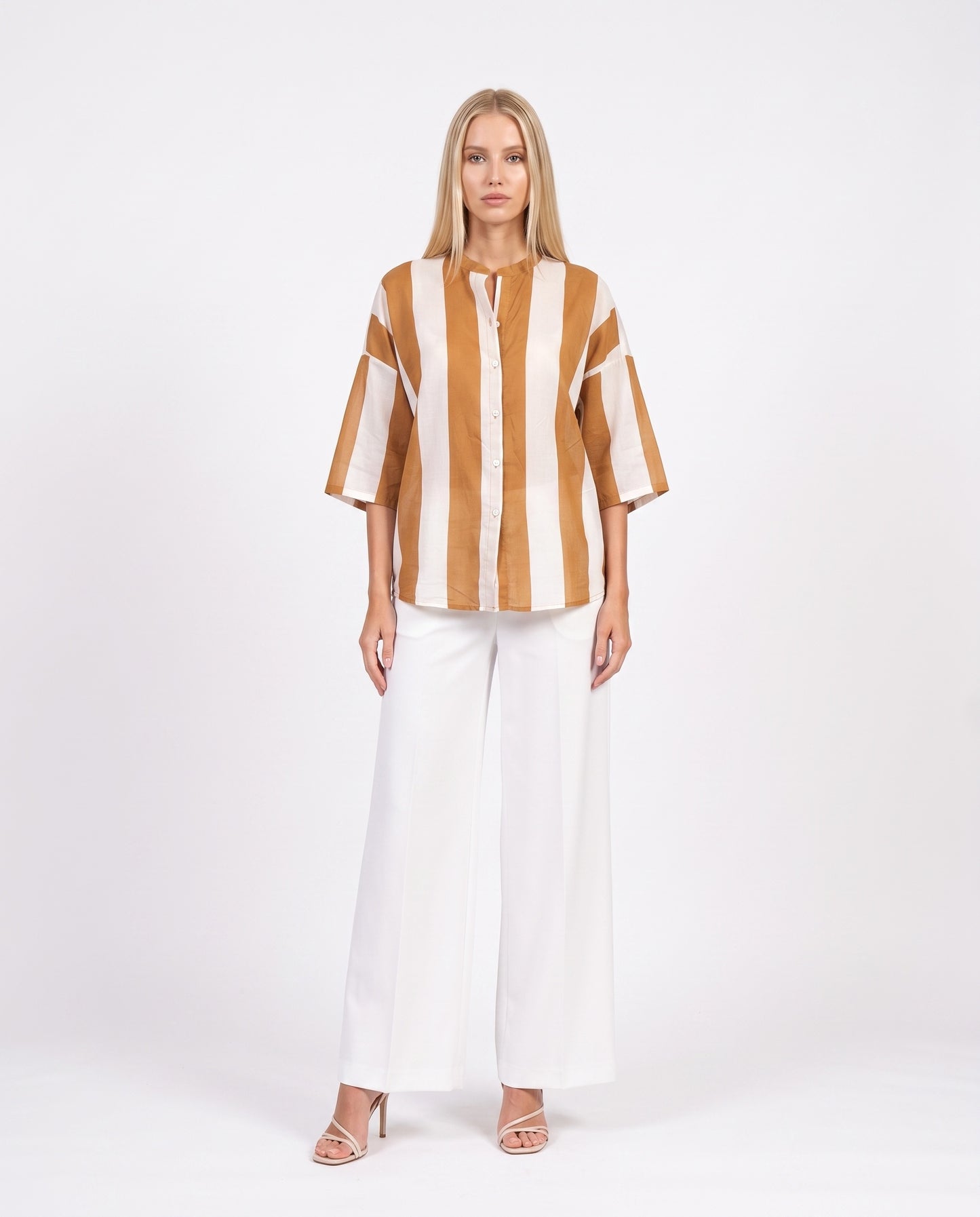 CAMICIA RIGHE PE260556 PANNA/TABACCO TENSIONE IN.