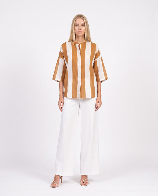 CAMICIA RIGHE PE260556 PANNA/TABACCO TENSIONE IN.