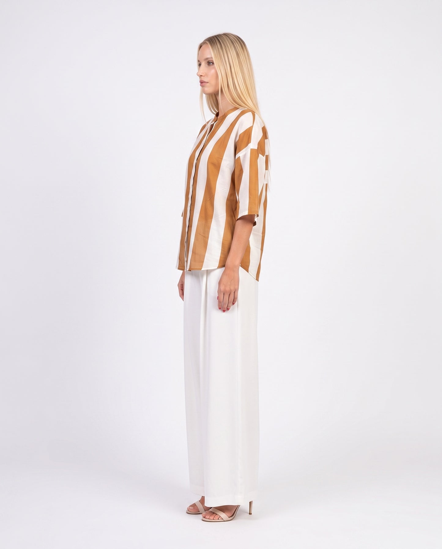 CAMICIA RIGHE PE260556 PANNA/TABACCO TENSIONE IN.