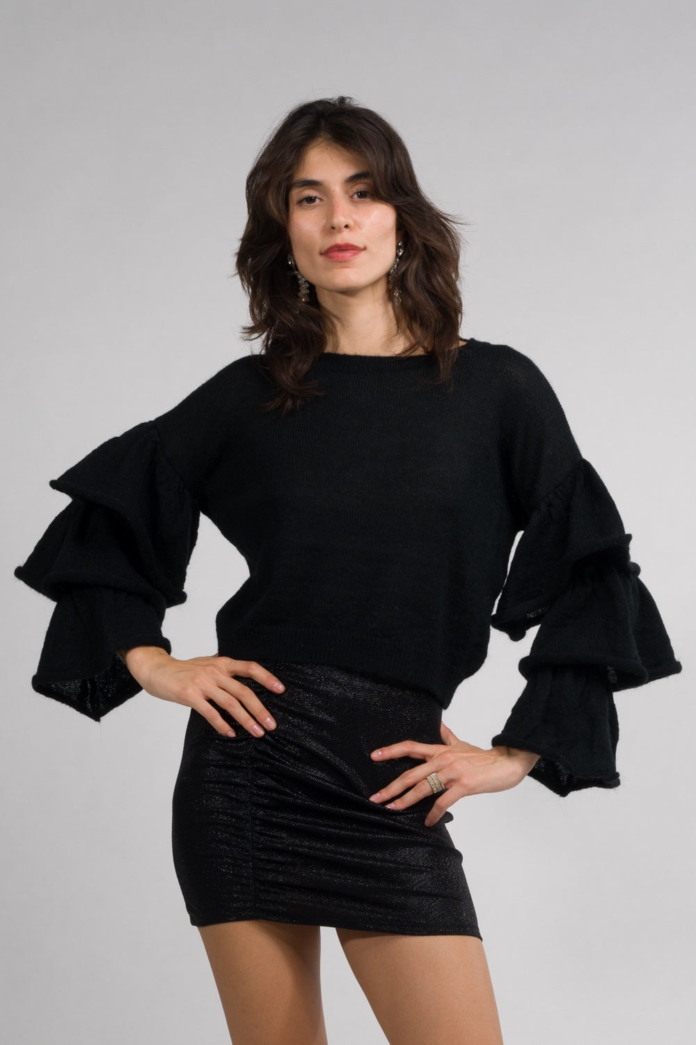 GIROCOLLO MANICHE ROUCHES KONTATTO  NERO-BLACK