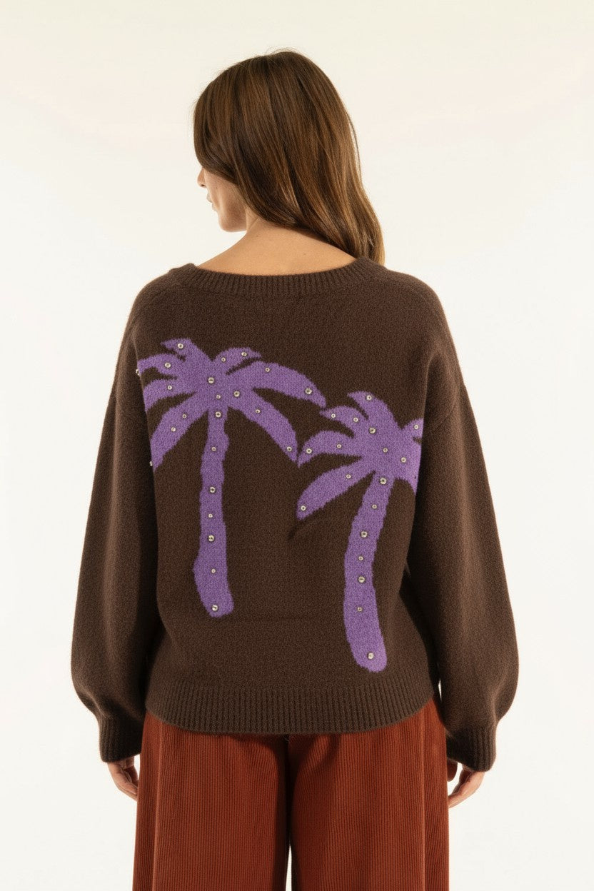 Maglia Scollo A V Palme Strass MORO KONTATTO