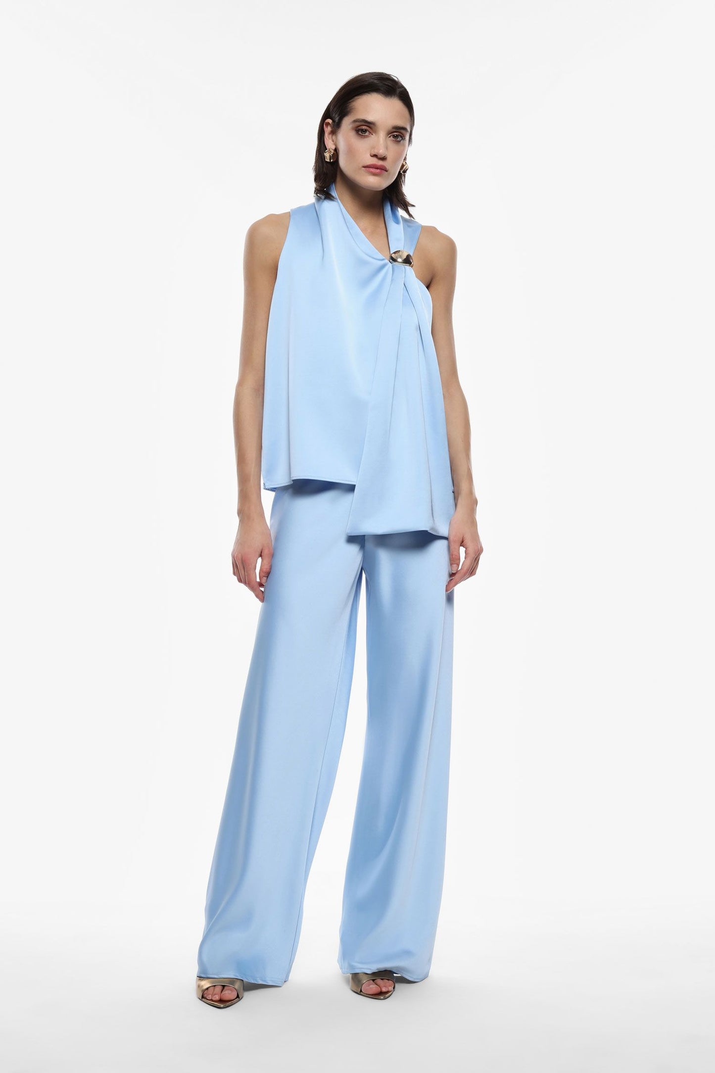PANTALONI AMPI EFFETTO SATIN A VITA ALTA BLU IMPERIAL.