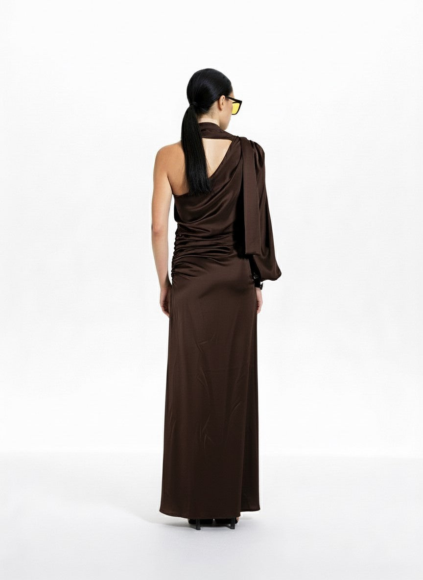 ABITO LUNGO IN SATIN W25A220 MARRONE TENSIONE IN.