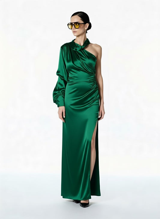 ABITO LUNGO IN SATIN W25A220 VERDE TENSIONE IN.