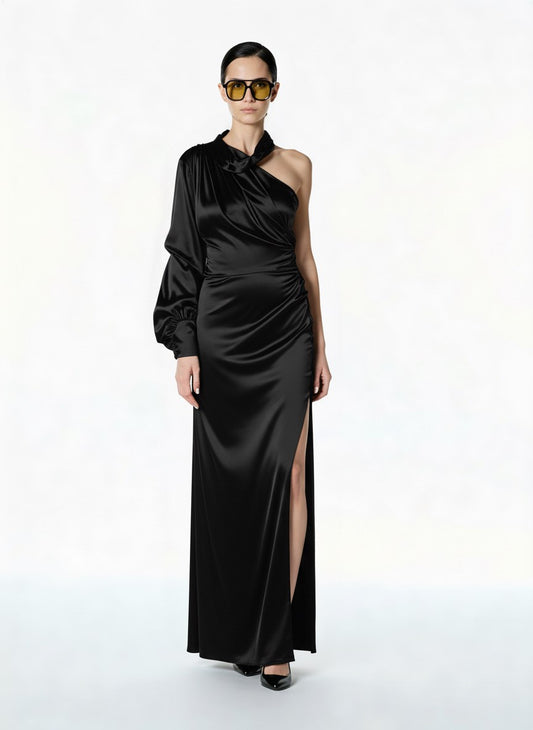ABITO LUNGO IN SATIN W25A220 NERO TENSIONE IN