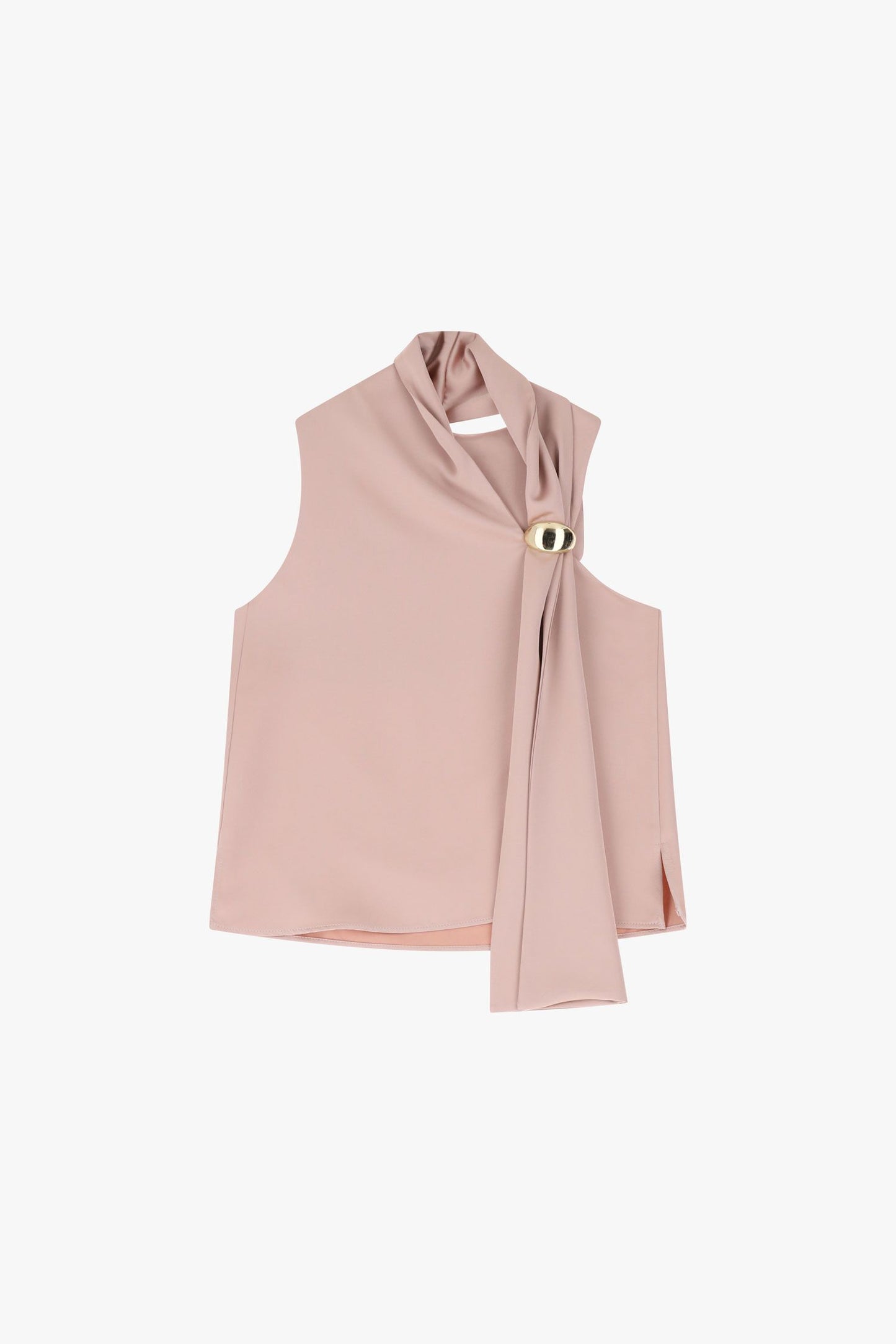 TOP CON COLLO ASIMMETRICO E DETTAGLIO IN METALLO PETALO ROSA IMPERIAL.