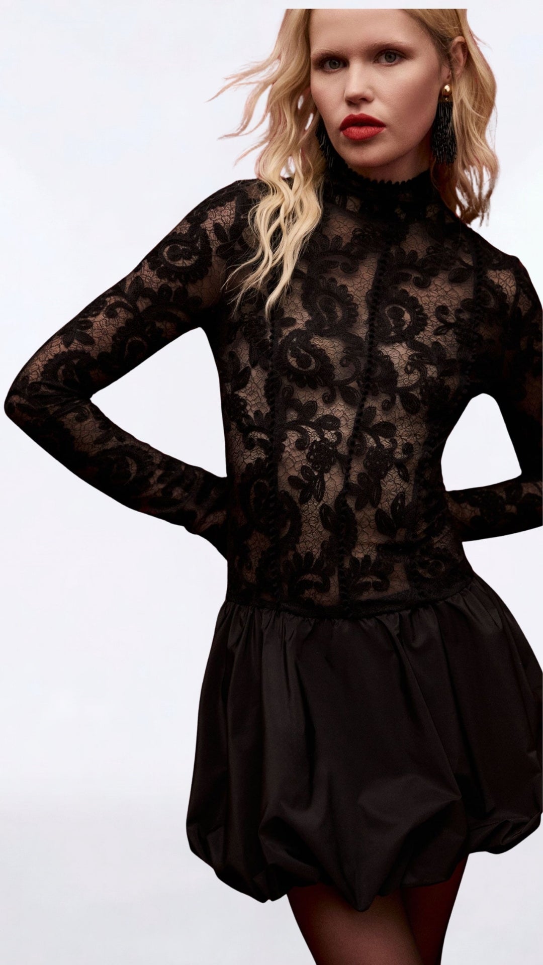 ABITO CORTO TULLE RICAMATO E GONNA BALLOON AFYBKYM NERO IMPERIAL.