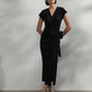 VESTITO MIDI FLUIDO A PORTAFOGLIO CON MANICHE CORTE EBANO IMPERIAL.